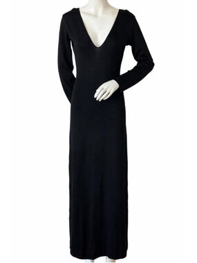 Armani Collezioni Black Maxi Dress with Open Back – Deep V-Neck, Long Sleeve